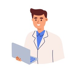 Professional health worker or medical student using laptop. Happy smiling doctor in coat. Colored flat cartoon vector illustration of young friendly specialist in uniform isolated on white background