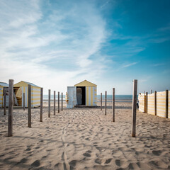 Vintage yellow and white beach hut against blue sky.