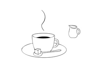 コーヒーカップに入ったコーヒーとミルクピッチャー　万年筆で描いたようなイラスト