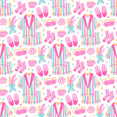 Cute seamless pattern with pajama, sleep mask, slippers, lavender bouquet, scrunchy, socks, mug, heart, star and moon. Beautiful print design for home decor, textile, packaging, wrapping paper etc.