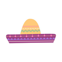 Mexican traditional sombrero hat, cinco de mayo symbol. National head wear element, purple and yellow colors. Hand drawn vector illustration flat cartoon style, isolated on white background 