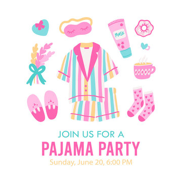 Pajama party invitation template. Card for birthday party with sample text. Editable vector illustration.