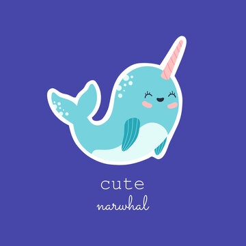 Cute happy narwhal sticker, kawaii laughing baby whale character. Pretty ocean animal with pink horn, pastel color, modern trendy vector illustration in flat cartoon style, isolated on blue background