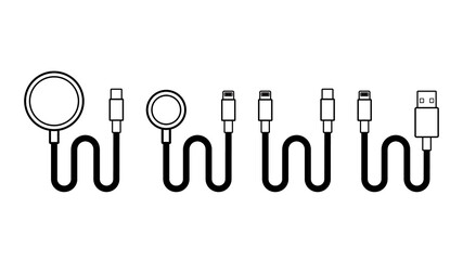 Outline line drawing modern Wireless Charger, Cable Charge, USB Cable Smart Device icon Isolate on White Background.