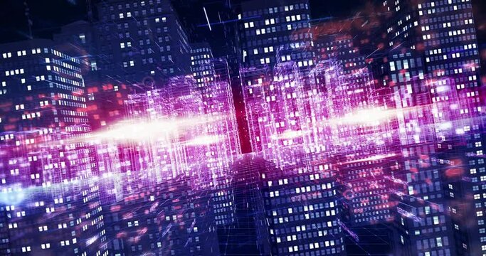 3D financial futuristic city flight animation. Digital skyscrapers. Business and technology related 4K 3D animation.