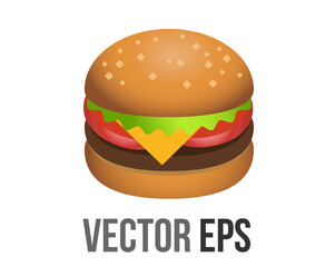 vector cheeseburger icon with burger beef patty, sesame bun, cheese, lettuce, tomato