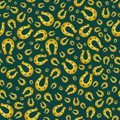 Lucky horseshoe. Gold shoe for horse hooves. Seamless vector pattern. Endless ornament. Isolated green background. Horse shoes. St. Patricks Day. Flat style. Idea for web design, covers, textiles. 