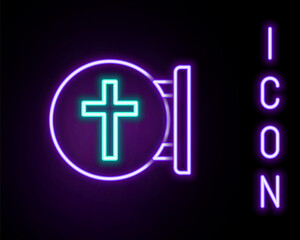 Glowing neon line Christian cross icon isolated on black background. Church cross. Colorful outline concept. Vector.