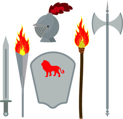 Knight's set. Armor, weapons, knight symbols.