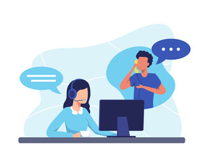 Hotline operator illustration concept. Female hotline operator advises client, Customer service, Customer and operator. Online global technical support 24 hours. Vector illustration in a flat style - obrazy, fototapety, plakaty