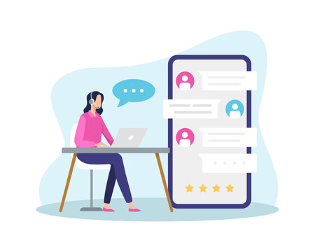 Online customer support illustration. Female hotline operator answer customer with live chat, Chatting communication, Call center answer. Online global technical support. Vector in a flat style