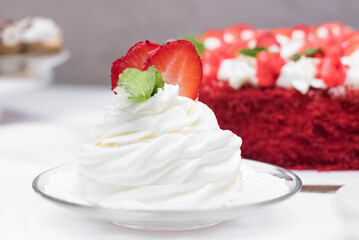 strawberry dessert with whipped cream red mint