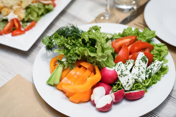 a plate of vegetables tomato cucumber salad dill parsley bell pepper radish cheese