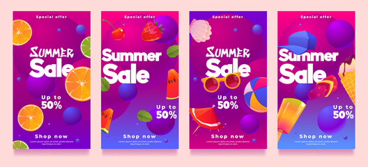 Summer sale social media templates or posters design, special offer promotion, cartoon summertime stuff, fresh fruits, ice cream and abstract 3d spheres. Shop discount Vector layouts, web banners set