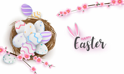 Happy Easter background. rabbit shine decorated eggs