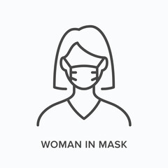 Woman in mask flat line icon. Vector outline illustration of female. Black thin linear pictogram young person