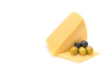 Solid yellow gouda cheese, close-up, isolated on a white background.selective focus.