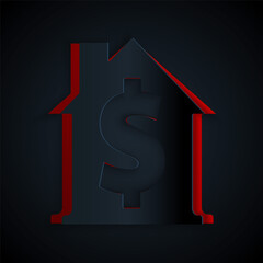Paper cut House with dollar symbol icon isolated on black background. Home and money. Real estate concept. Paper art style. Vector.