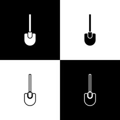 Naklejka premium Set Shovel icon isolated on black and white background. Gardening tool. Tool for horticulture, agriculture, farming. Vector.