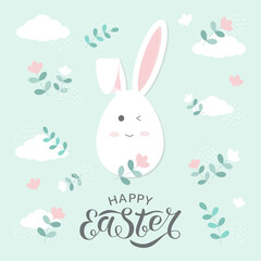 Greeting card with bunny and lettering Happy Easter.