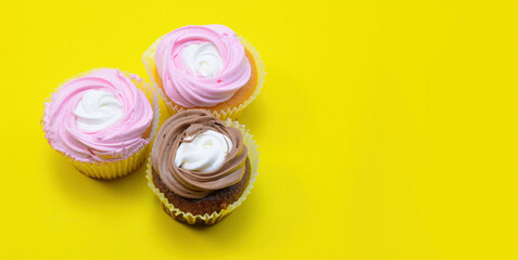 Chocolate and vanilla cupcakes with whipped raspberry and coffee cream on a yellow background....