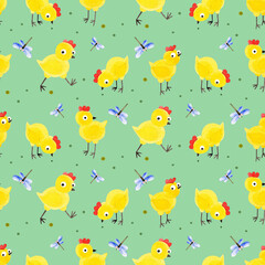Obraz premium Seamless pattern of Easter yellow chickens and dragonflies. Hand-drawn watercolor texture with birds on a light green background. For textiles, packaging, wallpaper, scrapbooking, children's design.
