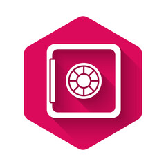 White Safe icon isolated with long shadow. The door safe a bank vault with a combination lock. Reliable Data Protection. Pink hexagon button. Vector.