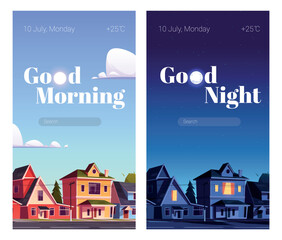 Fototapeta na wymiar City street with houses at night and morning. Vector template for mobile phone screensaver with time and weather. Smartphone background theme with cartoon cityscape