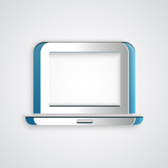 Paper cut Laptop icon isolated on grey background. Computer notebook with empty screen sign. Paper art style. Vector.