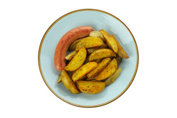 Plate with fried potato and sausage isolated on white background