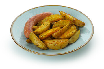 Plate with fried potato and sausage isolated on white background