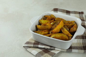 Bowl with fried potato on kitchen towel, on white textured background