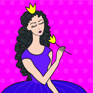girl in a dress, Vector princess with a flower. A princess with her eyes closed. A fabulous girl with dark hair.