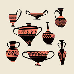 A set of images of Greek traditional vases in the original style. Decorative art of antiquity in modern interpretation