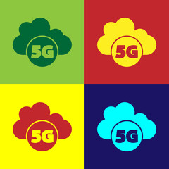 Pop art Cloud 5G new wireless internet wifi connection icon isolated on color background. Global network high speed connection data rate technology. Vector.