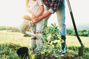 Grandfather and grandson watering with watering can at sunset © gpointstudio