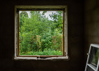 View through empty window frame.
