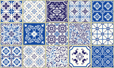 Collection of 15 ceramic tiles in turkish style. Seamless colorful patchwork from Azulejo tiles. Portuguese and Spain decor. Islam, Arabic, Indian, Ottoman motif. Vector Hand drawn background