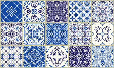 Collection of 15 ceramic tiles in turkish style. Seamless colorful patchwork from Azulejo tiles. Portuguese and Spain decor. Islam, Arabic, Indian, Ottoman motif. Vector Hand drawn background - 419318130