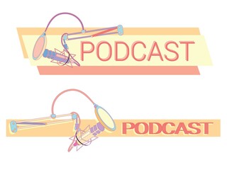 Studio desktop microphone with broadcast text over the air for podcasts, online communication and web conferencing. Vector illustration in a flat style.