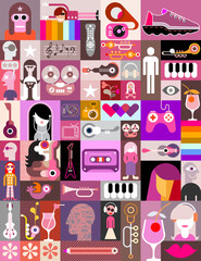 Pop art vector collage of characters, people avatars, different objects and abstract shapes. Can be used as a seamless background. 