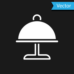 White Covered with a tray of food icon isolated on black background. Tray and lid. Restaurant cloche with lid. Kitchenware symbol. Vector.