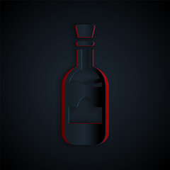 Paper cut Bottles of wine icon isolated on black background. Paper art style. Vector.