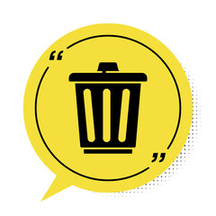 Black Trash can icon isolated on white background. Garbage bin sign. Recycle basket icon. Office trash icon. Yellow speech bubble symbol. Vector.