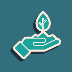 Green Plant in hand of environmental protection icon isolated on green background. Seed and seedling. Planting sapling. Long shadow style. Vector.