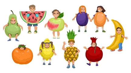 Fotobehang Children in fruit costumes. Set of characters. Crowd of cheerful preschoolers. Vector drawing illustration © Veronika