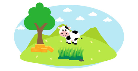 Obraz na płótnie Canvas Cute Cartoon Vector Illustration of Cow and Farm Rural Meadow