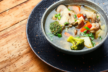 Soup with broccoli and mushrooms