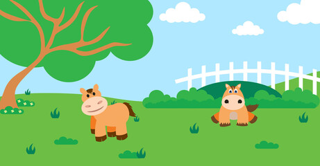 Cute Cartoon Vector Illustration of Horse and Farm Rural Meadow