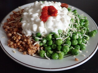 warm salad with buckwheat tnd green peas